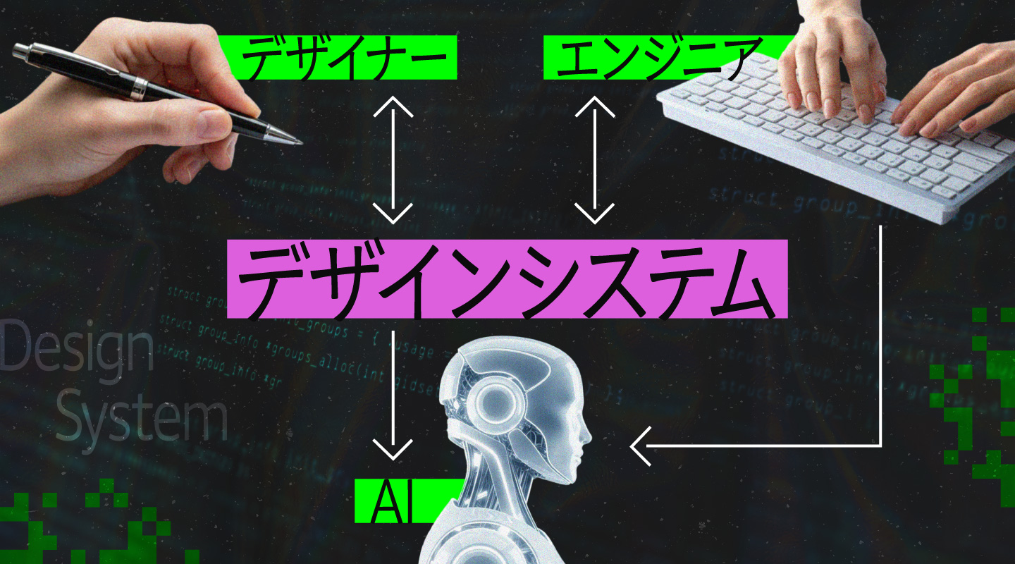 デザイナーとエンジニアが「デザインシステム」を介して連携し、さらにAIとも相互作用していることを示す概念図